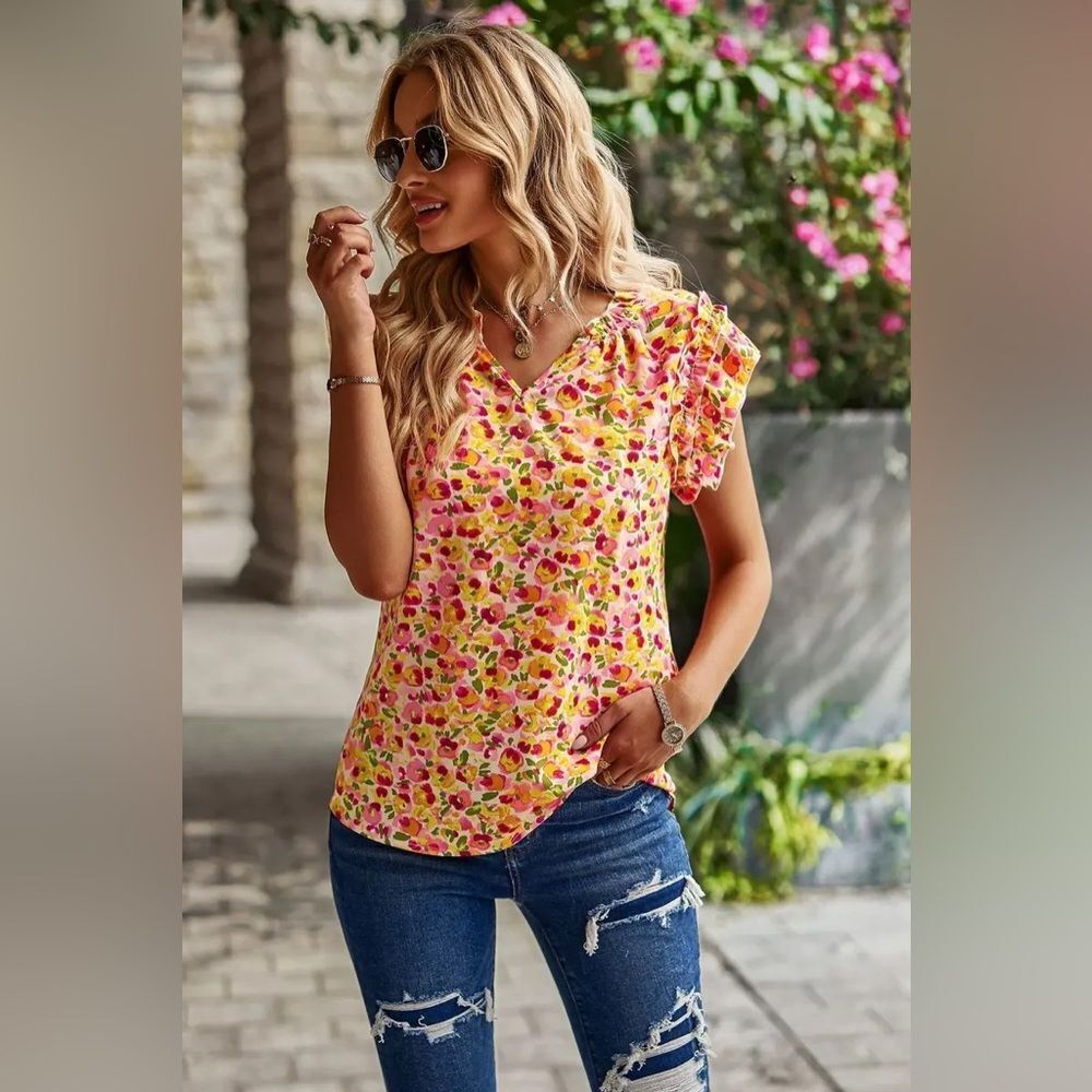Ninexis Vibrant Yellow Floral V-Neck Blouse